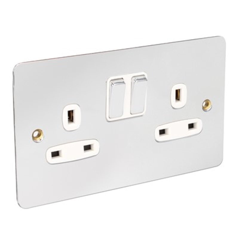 Flat Plate 13Amp 2 Gang Switched Socket Single Pole *Chrome/Whit